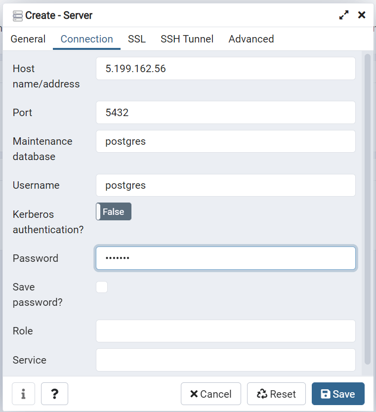 pgAdmin 4 add new server connection