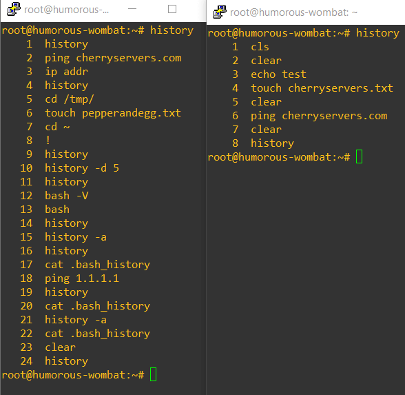 Two Linux terminals showing different output after the root user executes the history command 