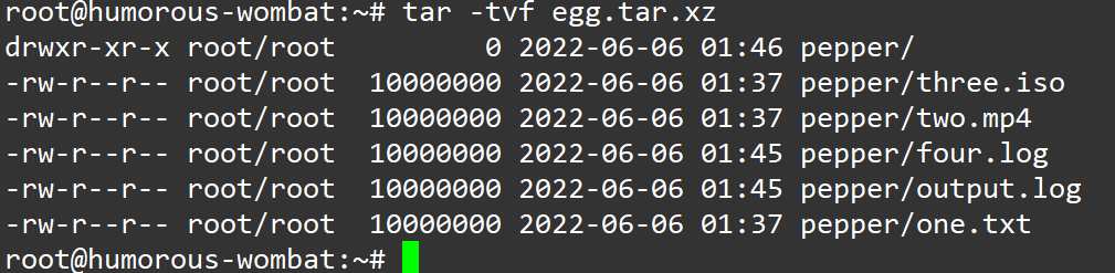 Listing files in an archive on Linux.