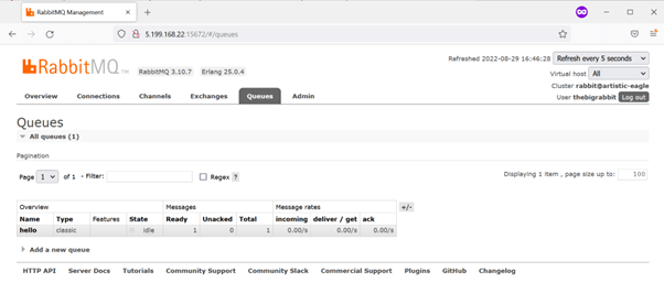 Message pushed to RabbitMQ queue