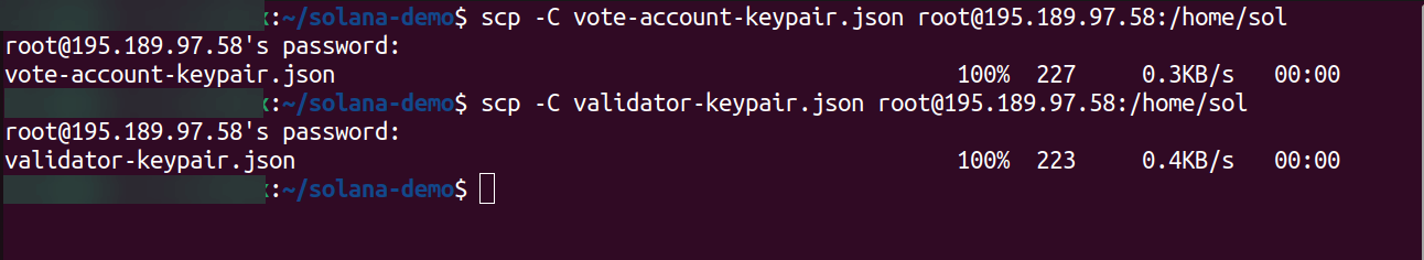 Copy the vote account and validators keypairs to the remote server