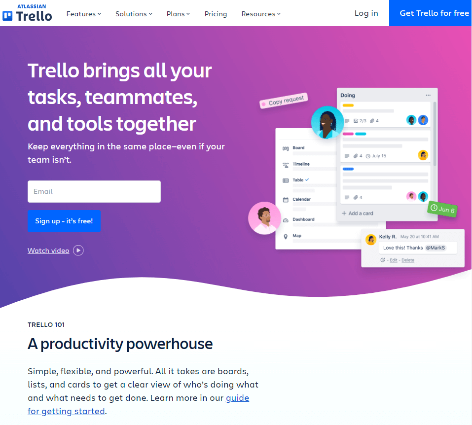 screenshot of Trello developer productivity tool for teamwork and time management