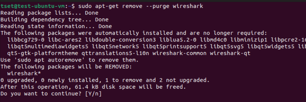 uninstall wireshack using APT example