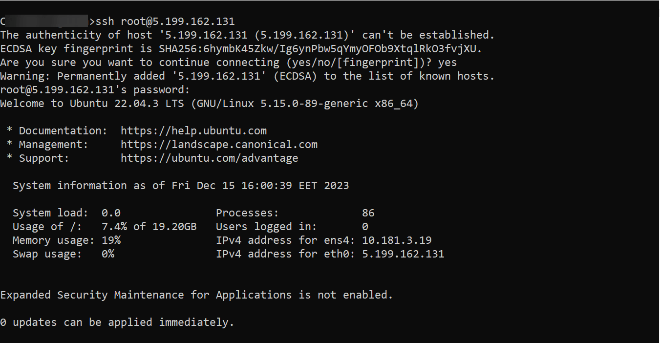 Connect to the server via SSH