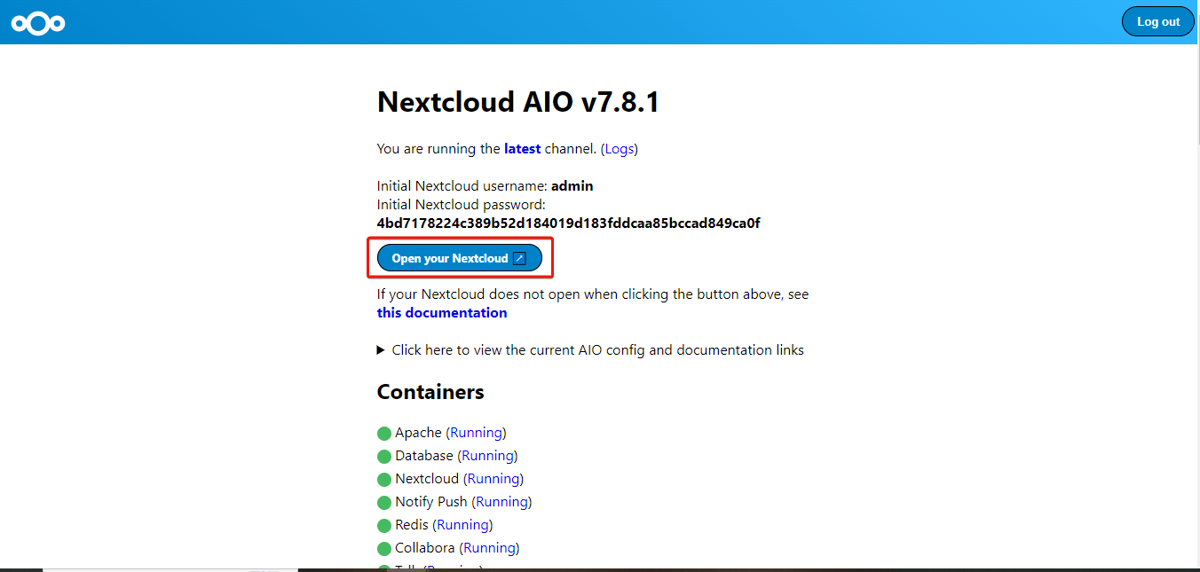 Initial nextcloud username and password displayed