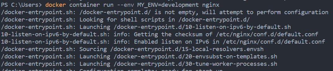 docker container run --env MY_ENV=development nginx