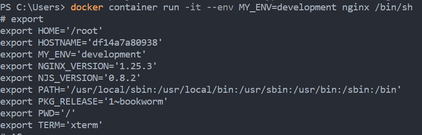 docker container run -it --env MY_ENV=development nginx /bin/sh