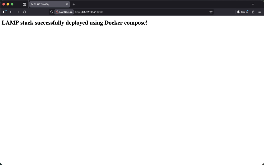 Web page showing the server is running as expected