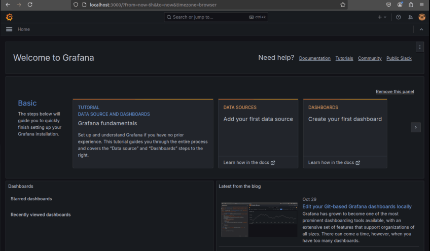 The Grafana welcome page