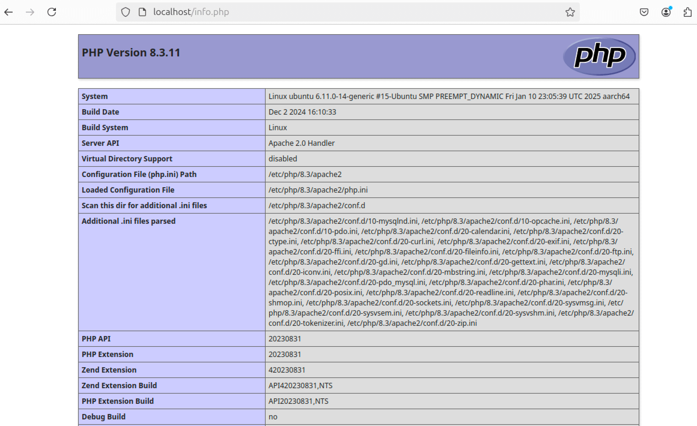 PHP information page