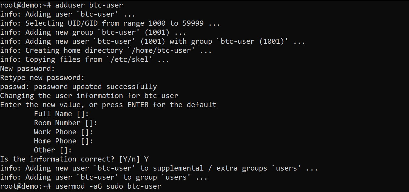 Create new user for running Bitcoin node