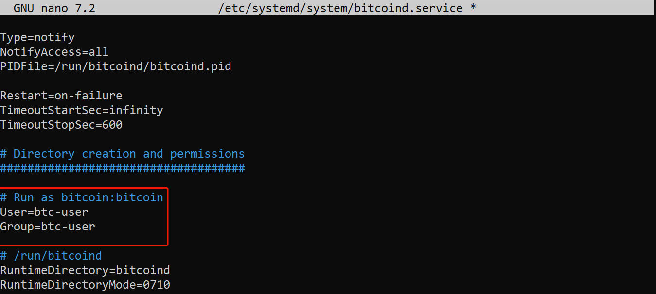 Update user and group in bitcoind.service file