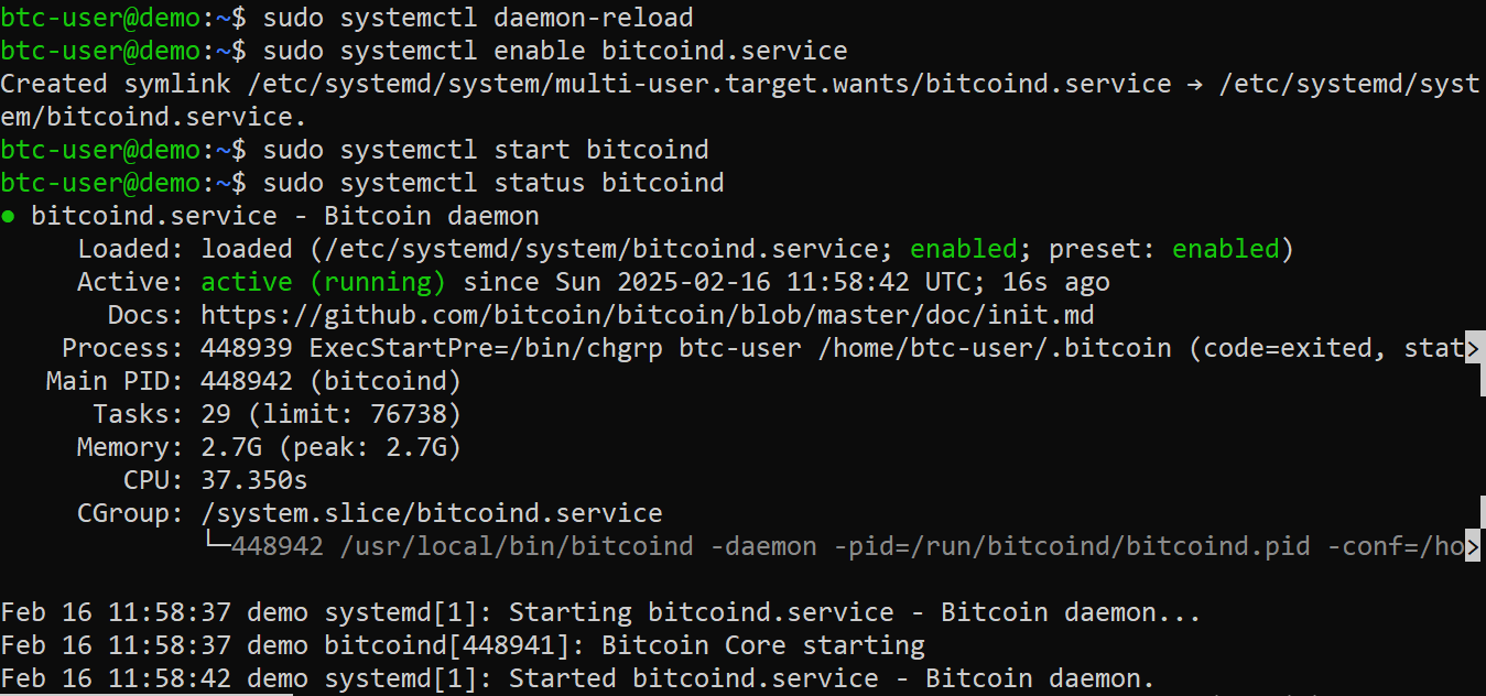Enable and start bitcoind service