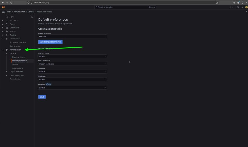 Grafana default preferences page