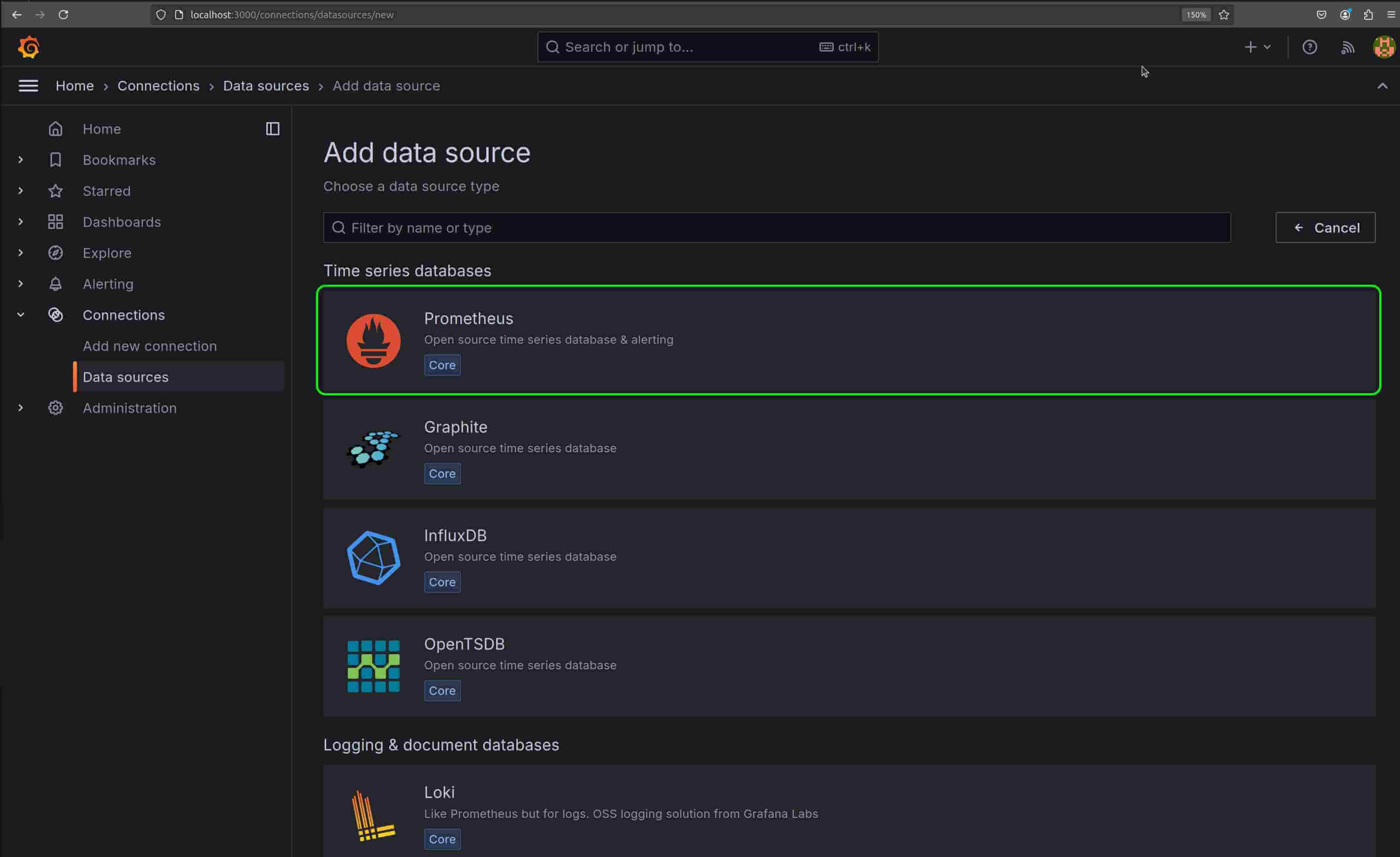 Add Prometheus data source page