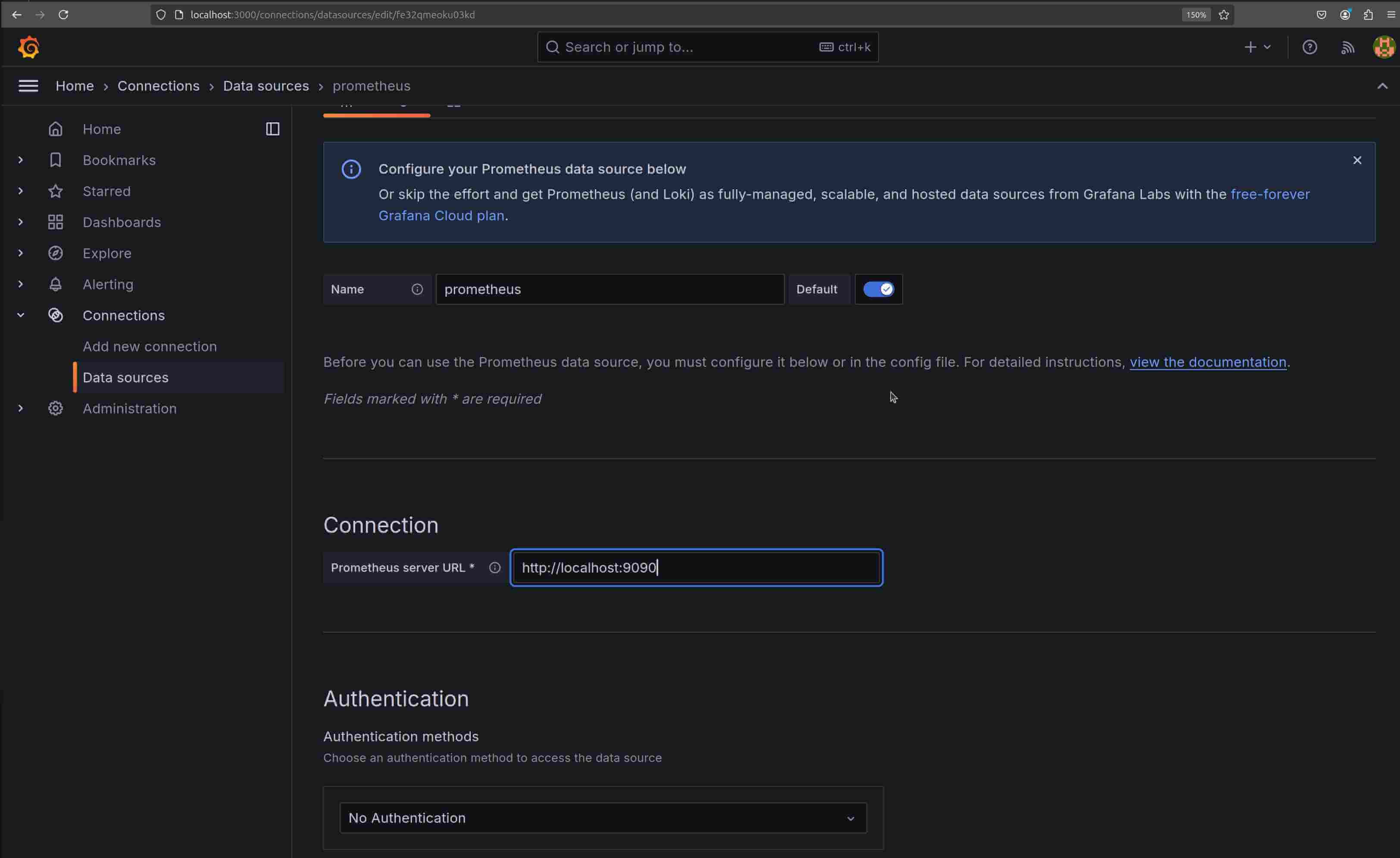 Add Prometheus as a data source form