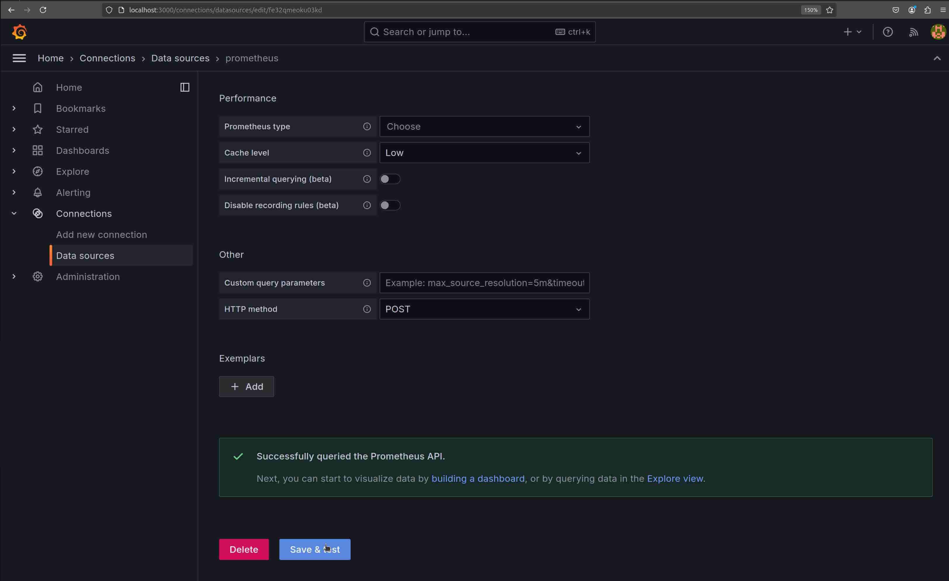 Save and test Prometheus connection page