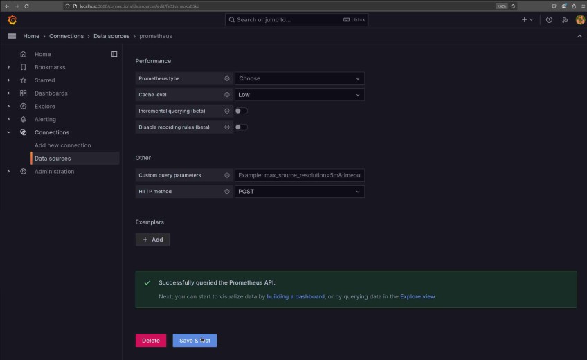 Save and test Prometheus connection page