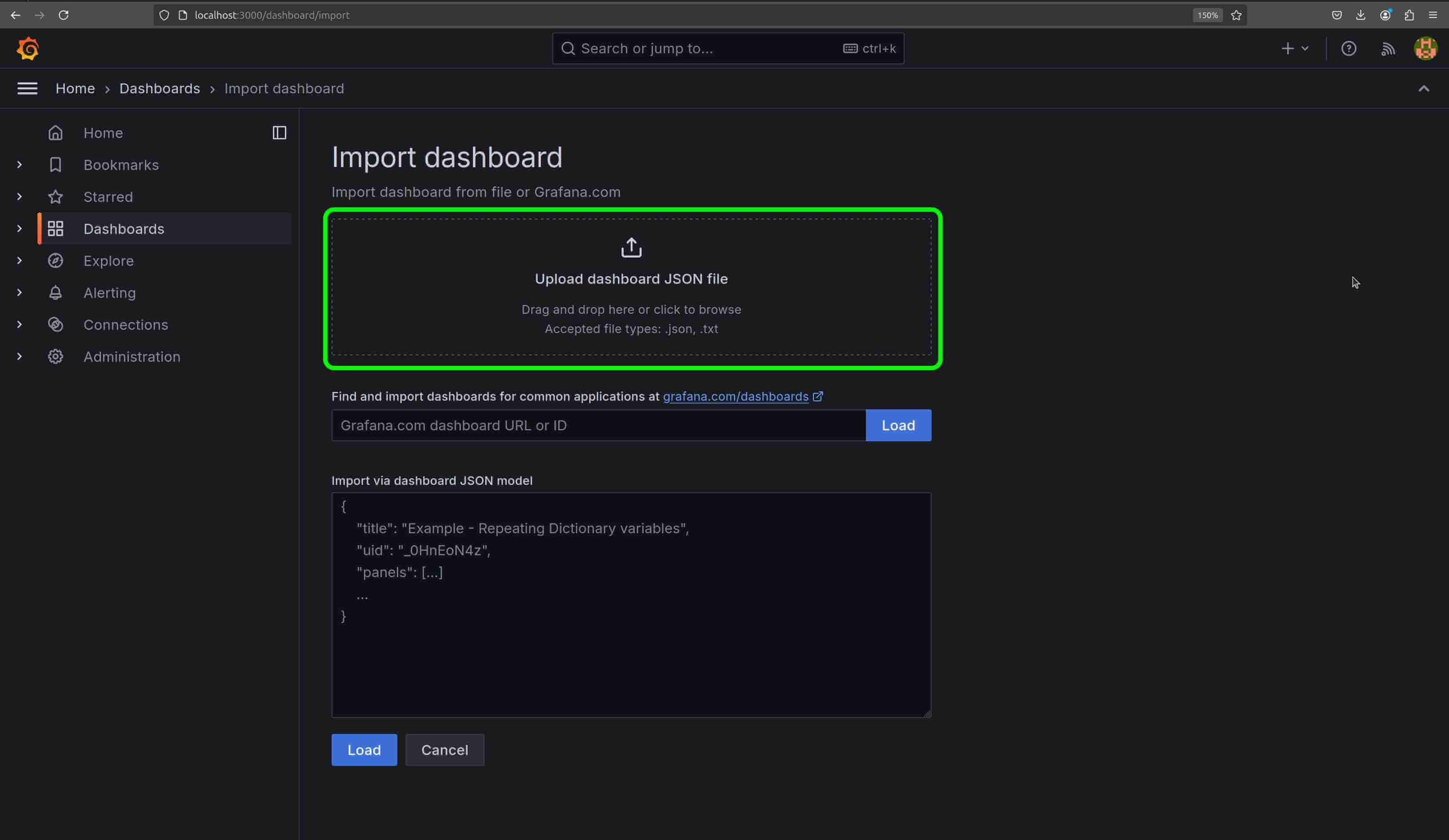 Import dashboard
