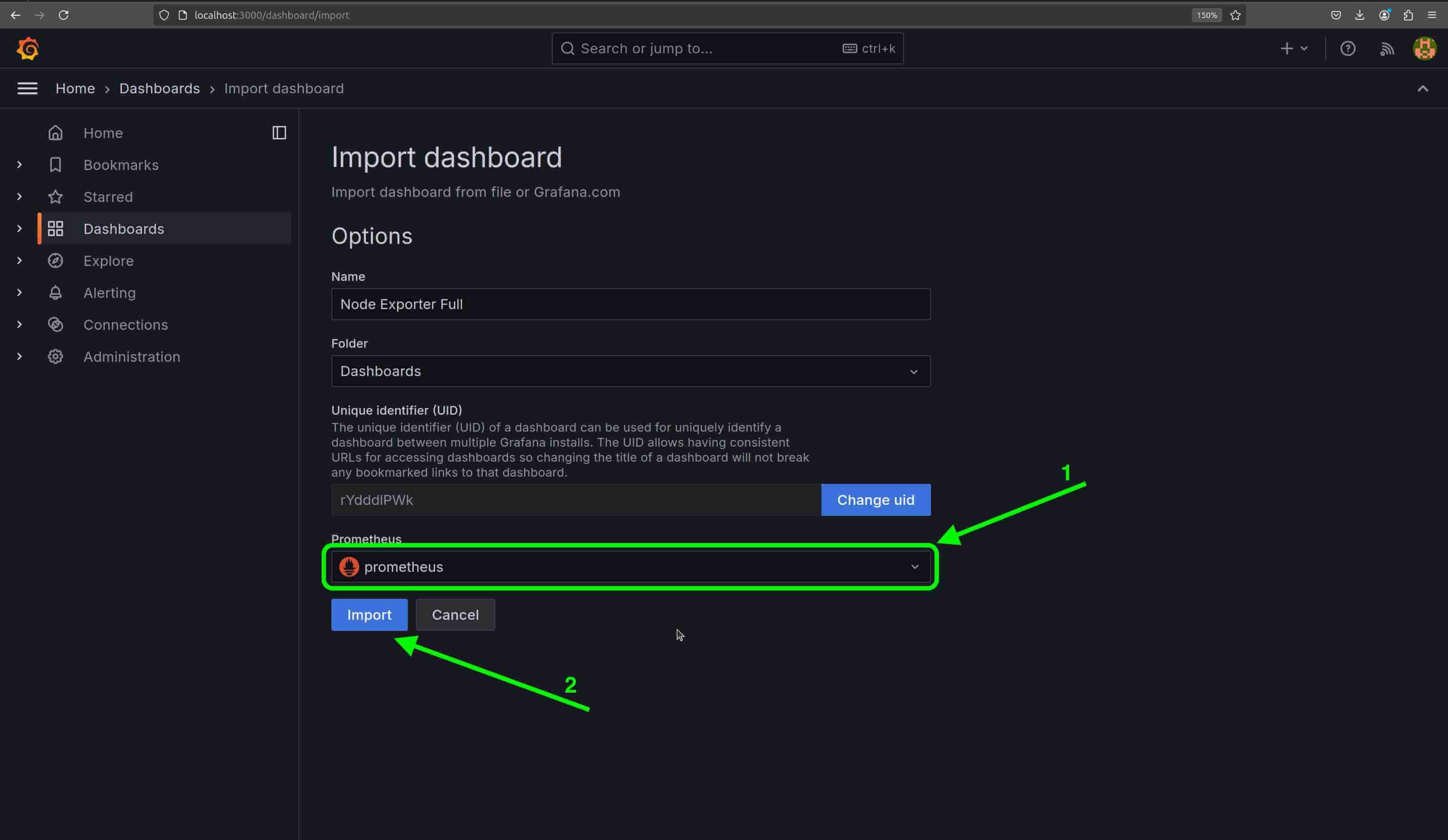Import dashboard form