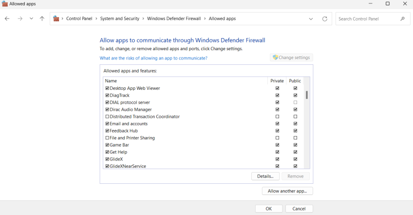 allowed apps in firewall