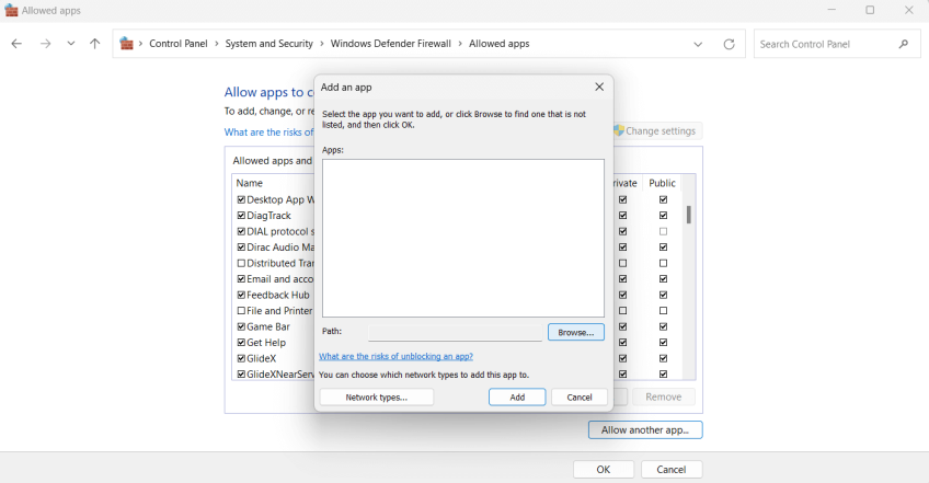 add an app in firewall
