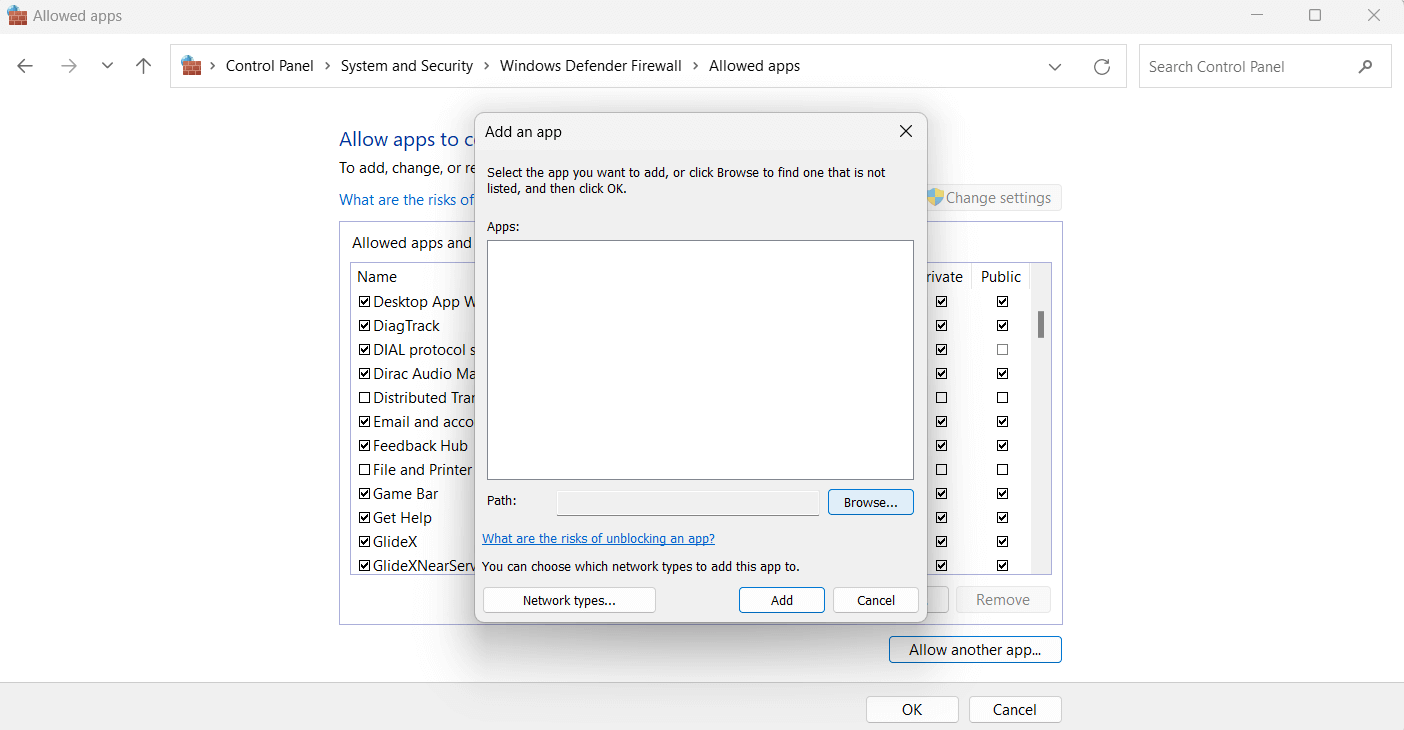 add an app in firewall