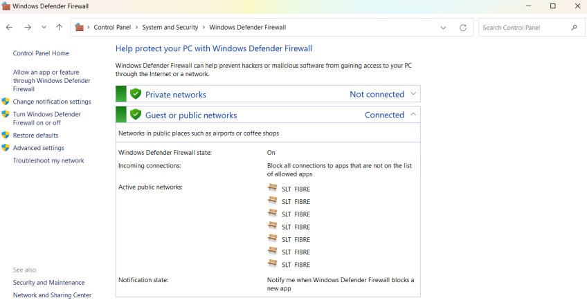 windows defender firewall panel