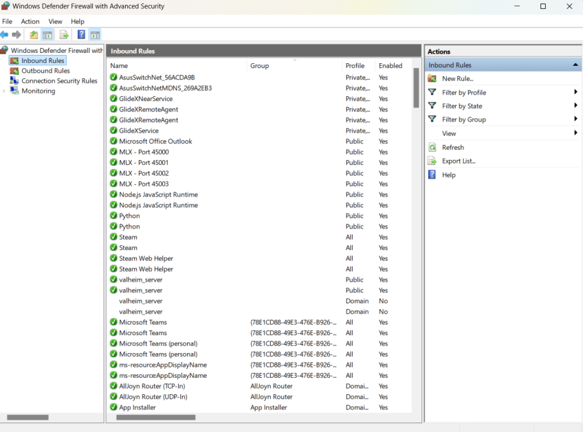 inbound rules window
