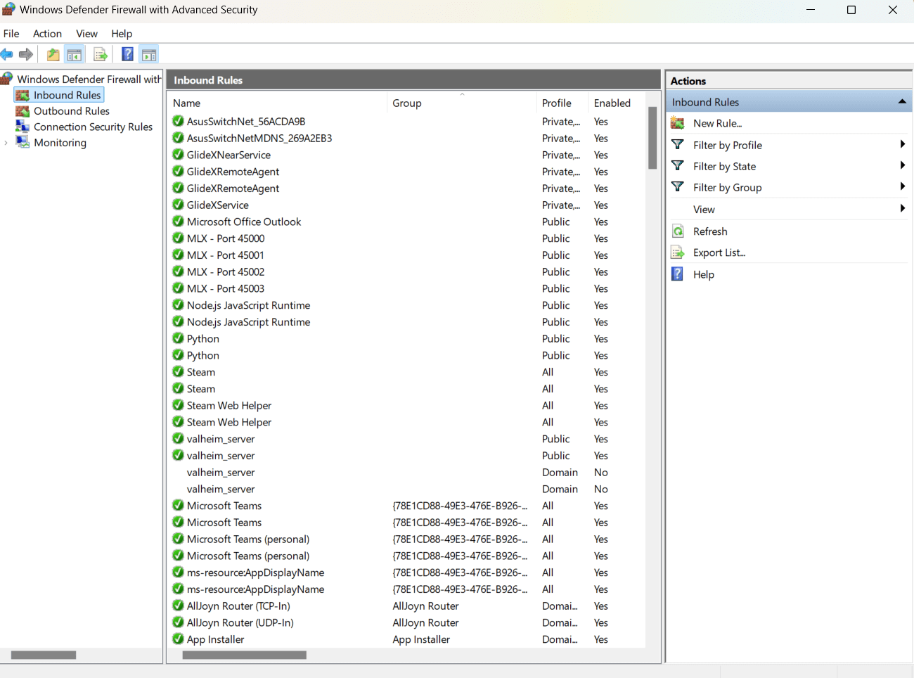 inbound rules window
