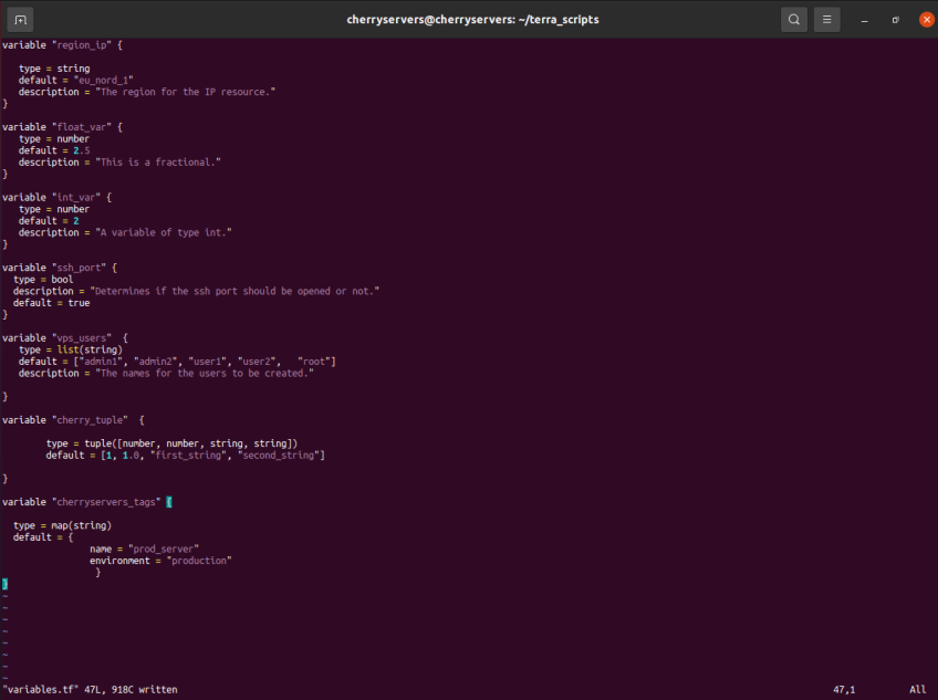 how to define terraform variables in variables.tf file