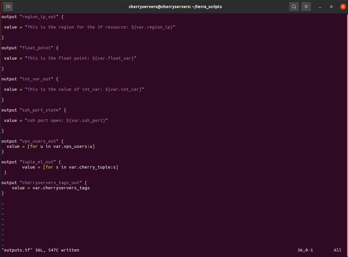 how to define terraform output variables with outputs.tf file