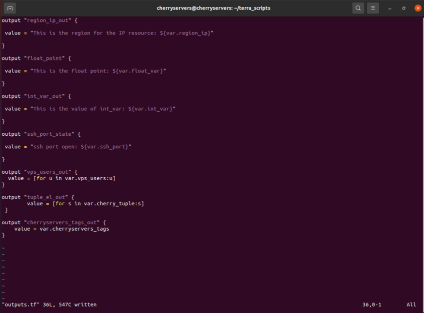 how to define terraform output variables with outputs.tf file