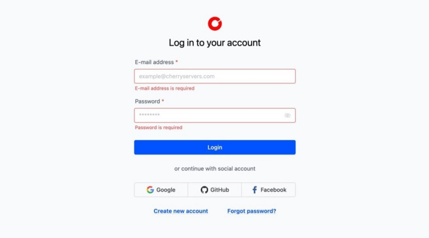 Cherry Servers login page