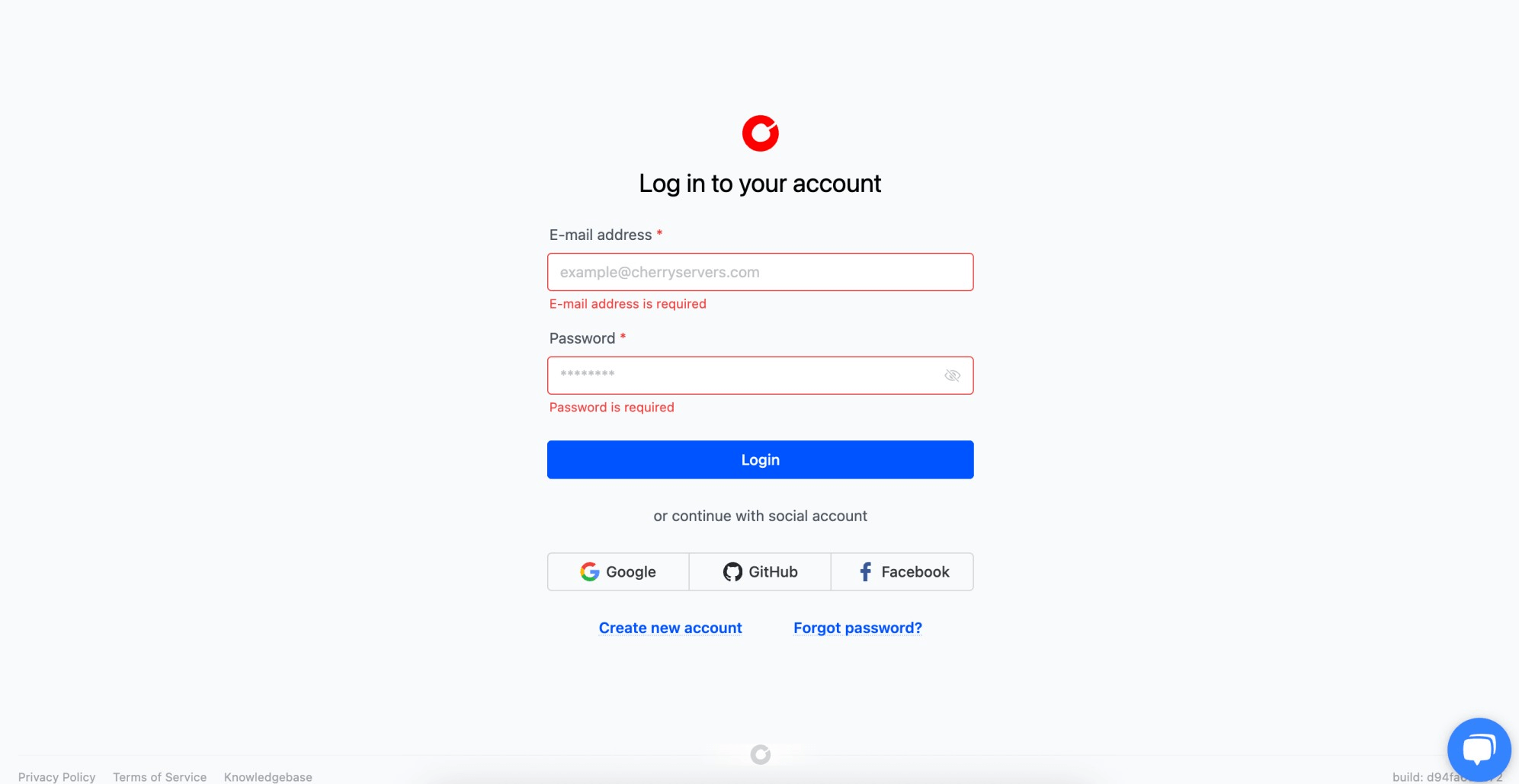 Cherry Servers login page