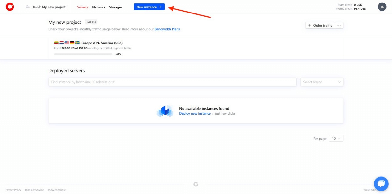 Cherry Servers dashboard