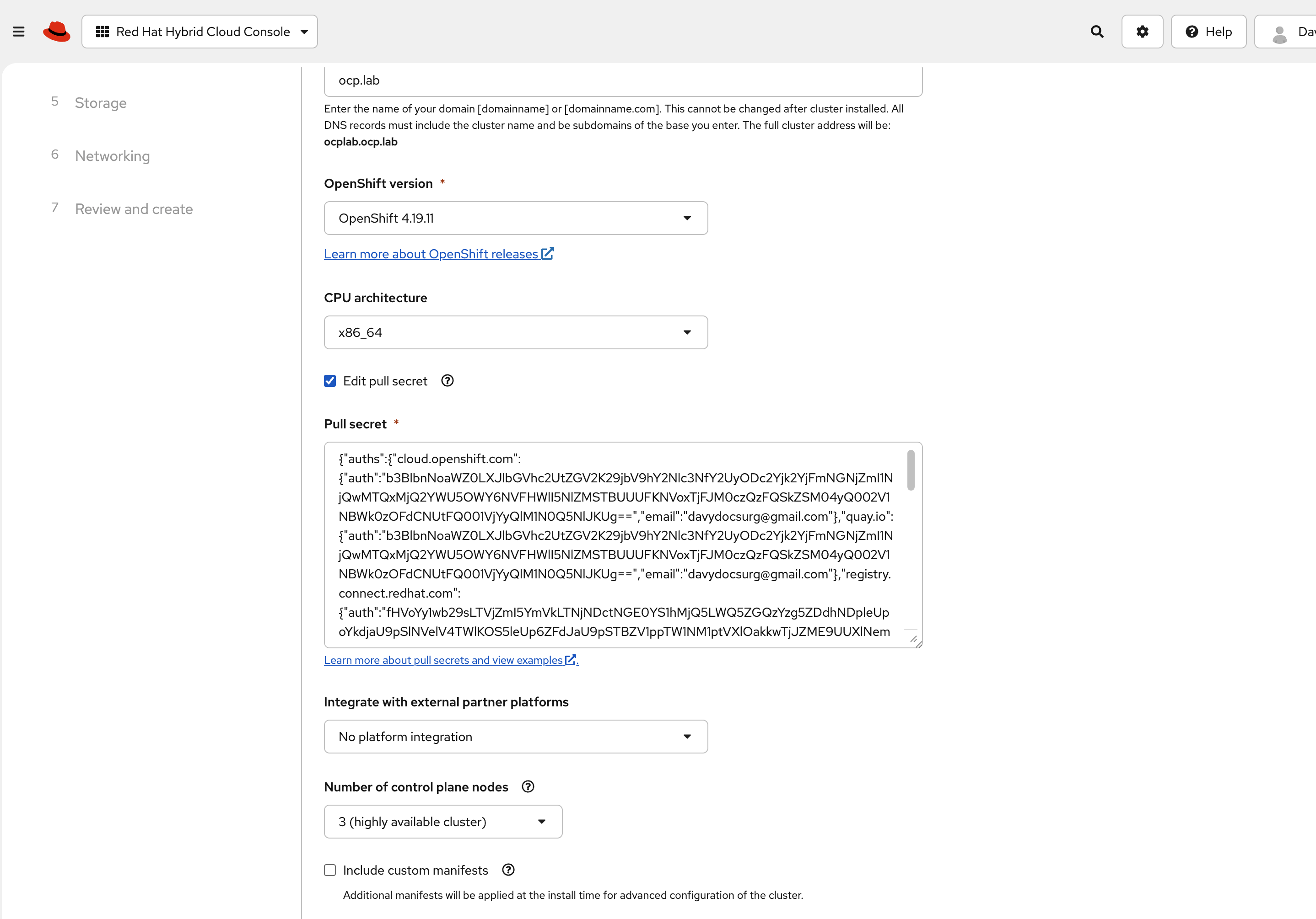 Cluster details with pull secret