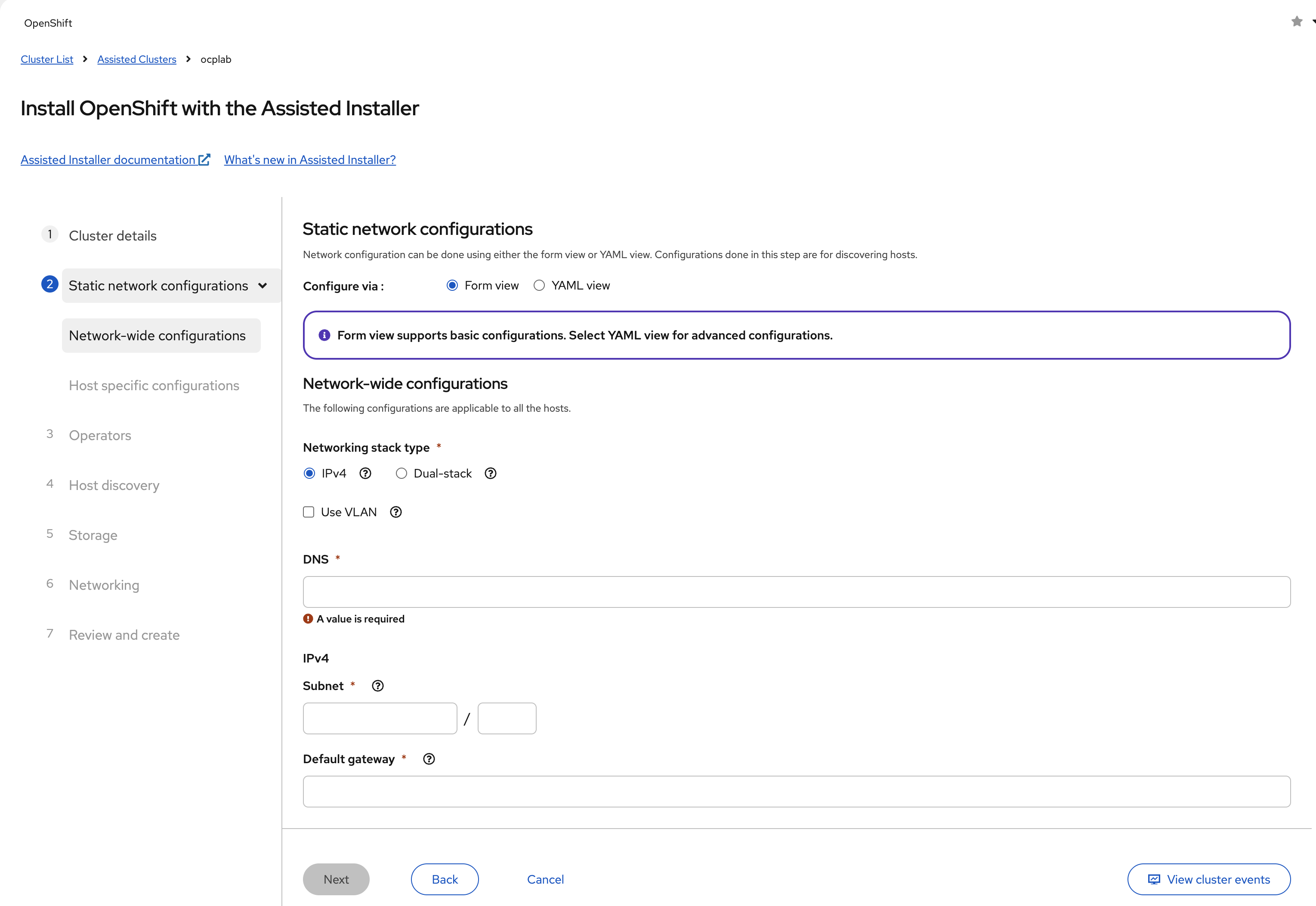 Static network configuration form view