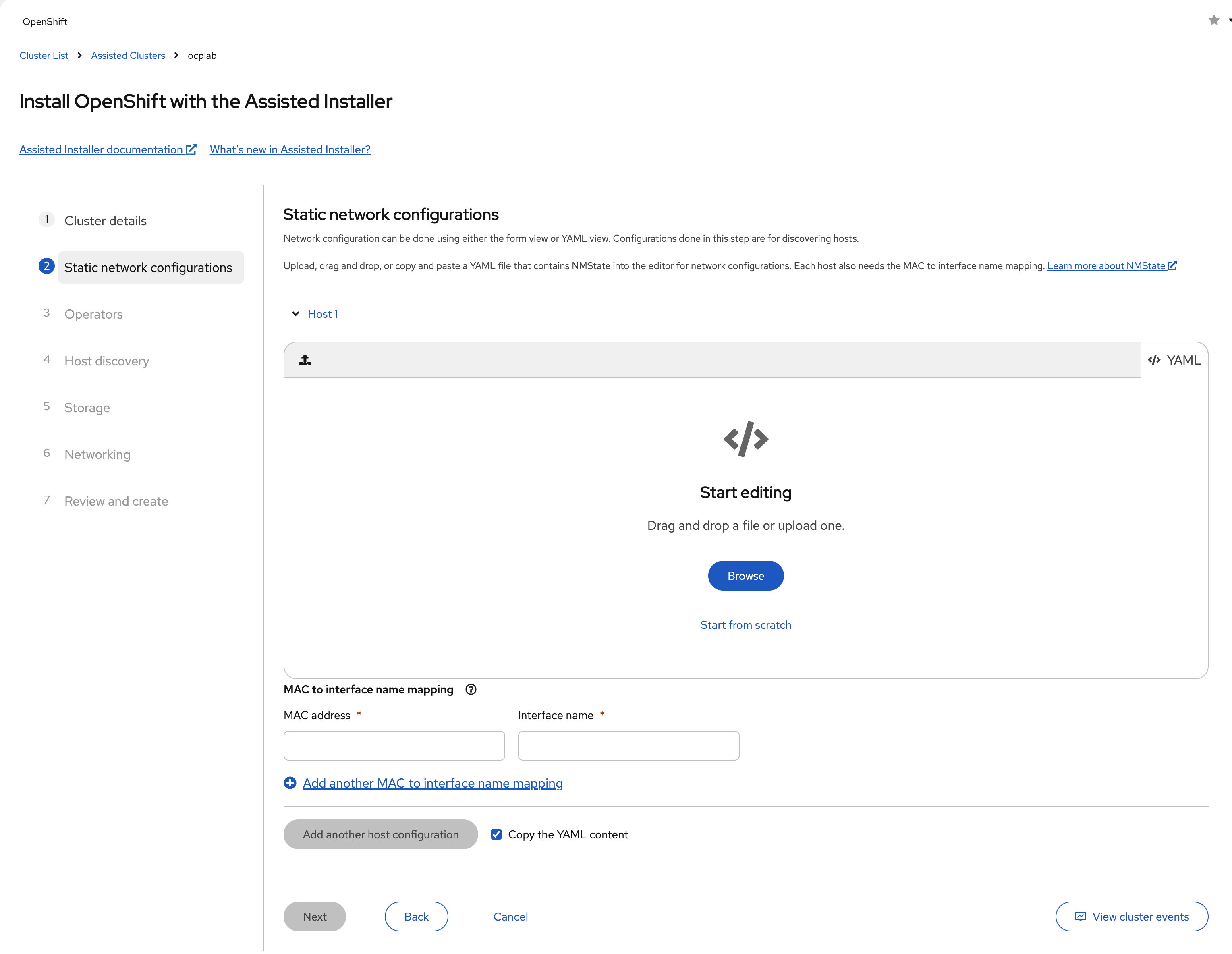 Static network configuration YAML view