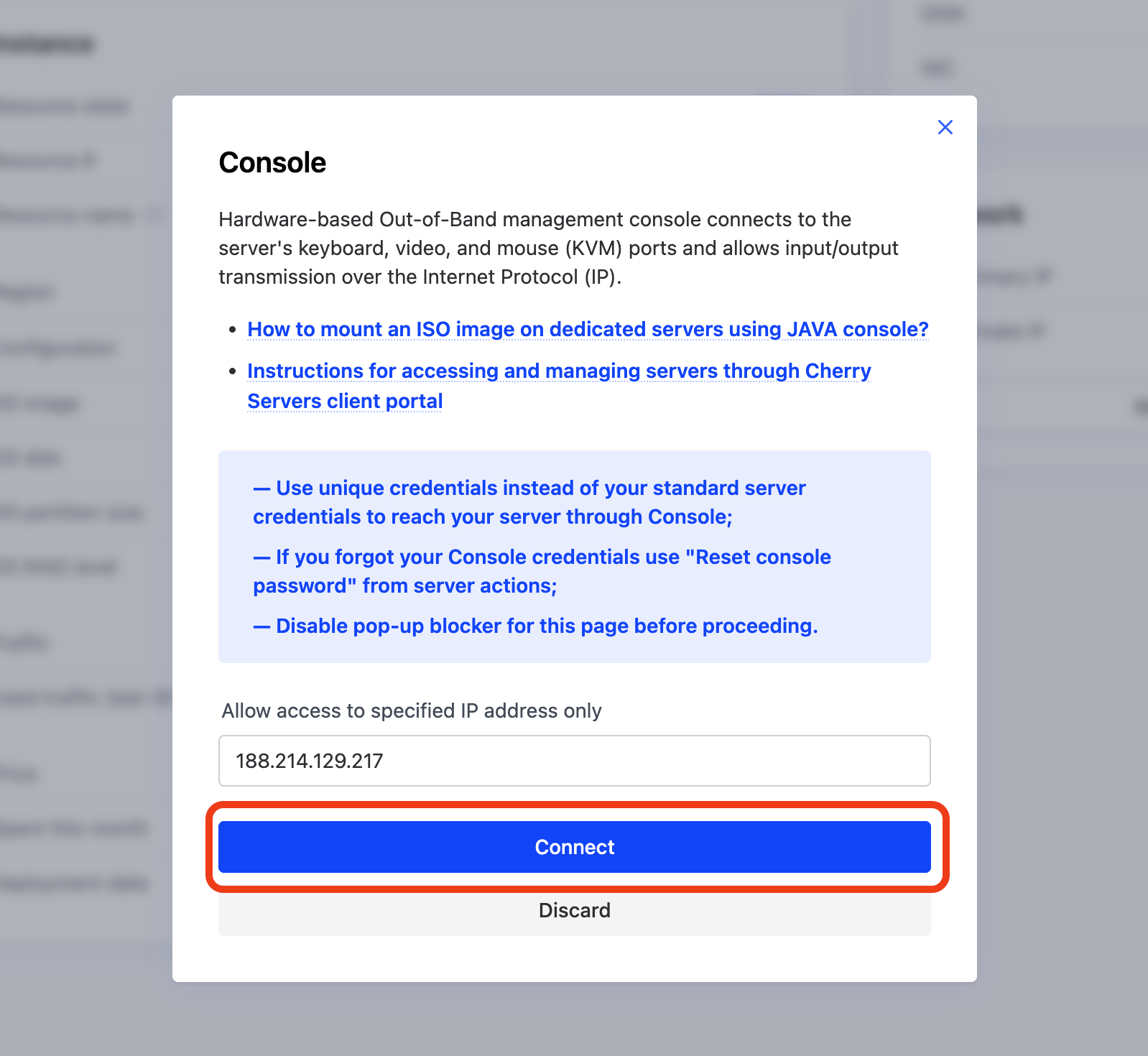 Connect to BMC console modal