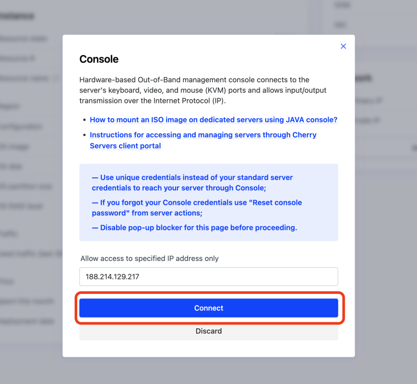Connect to BMC console modal