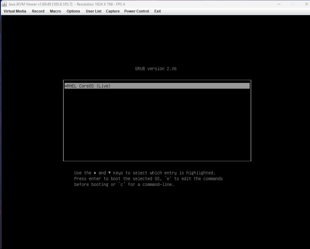 RHEL CoreOS GRUB menu