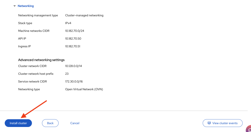 Install cluster button