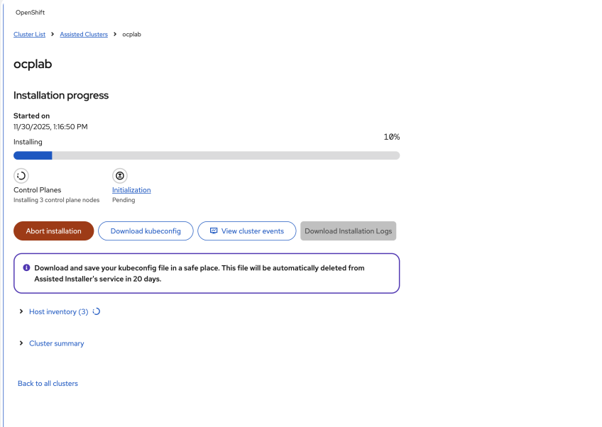 Cluster installation progress