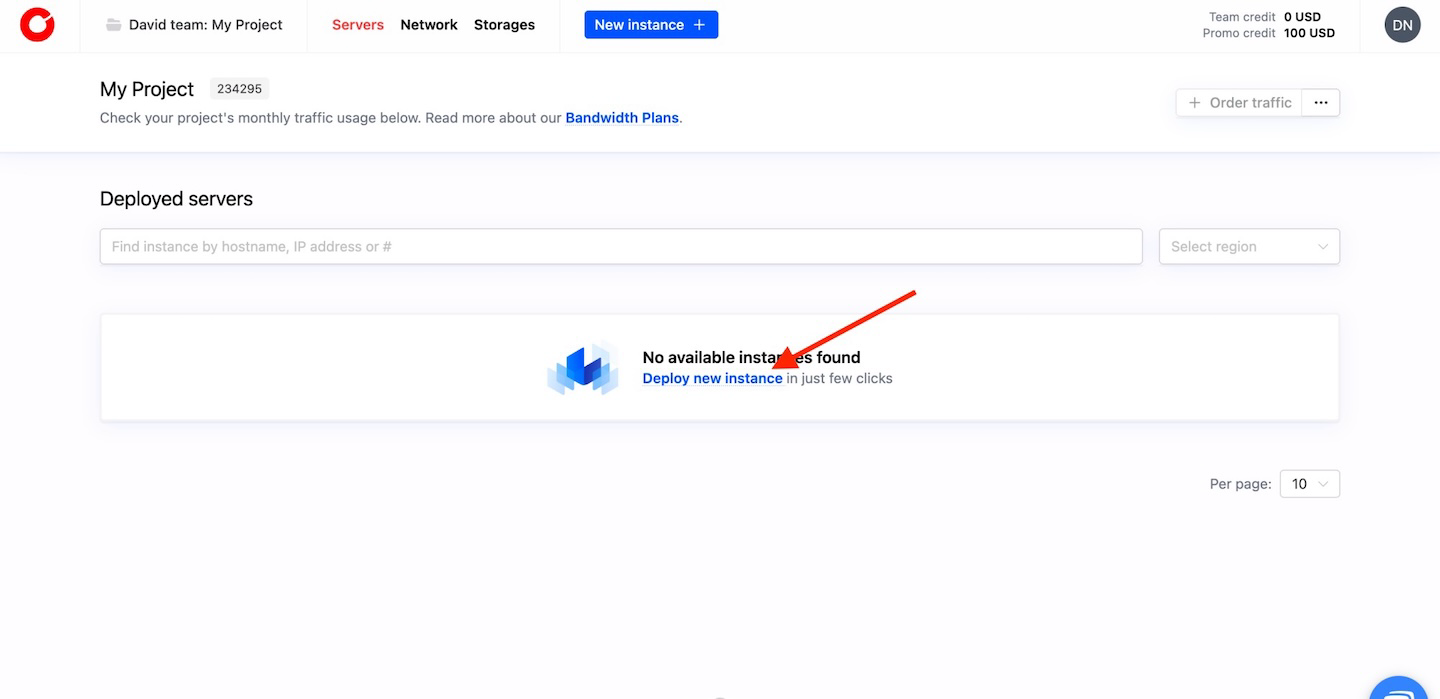Cherry Servers dashboard