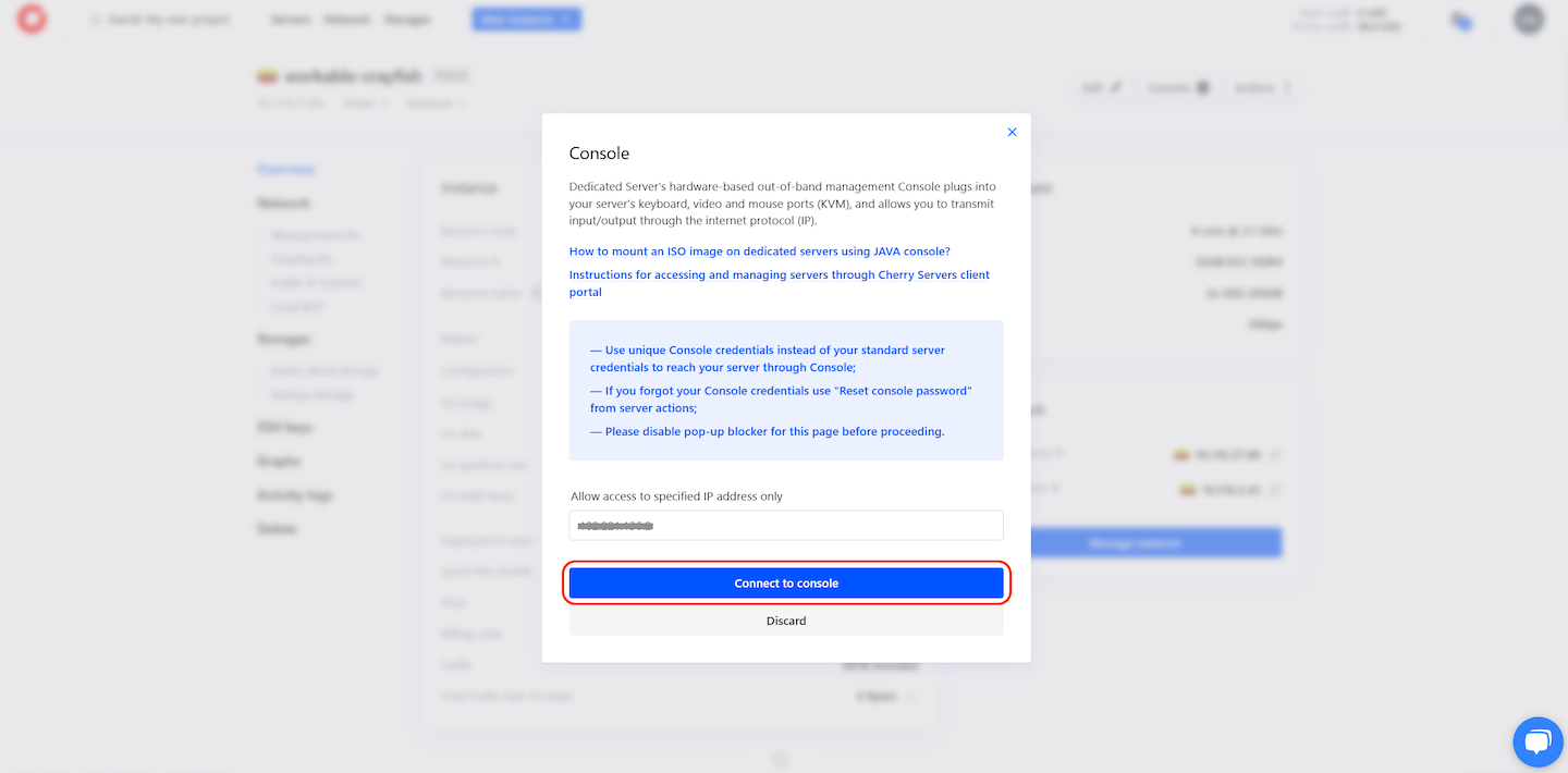 Console pop-up modal