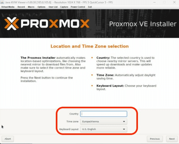 Proxmox GUI location screen
