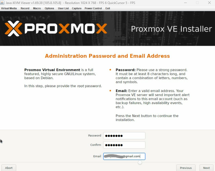 Proxmox admin password screen