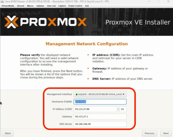 Proxmox network configuration screen