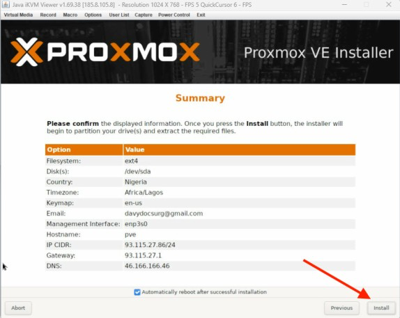 Proxmox GUI installation summary